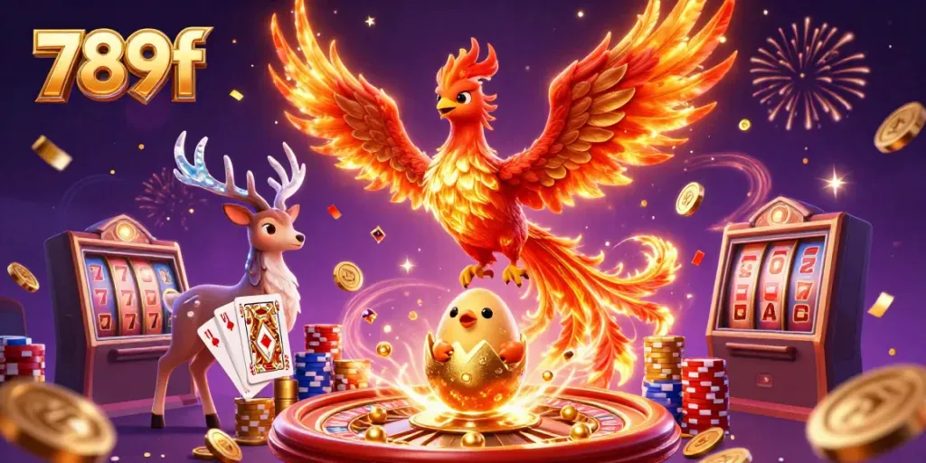 Experience winning moments with 789f as a phoenix soars above a dynamic casino scene filled with excitement.