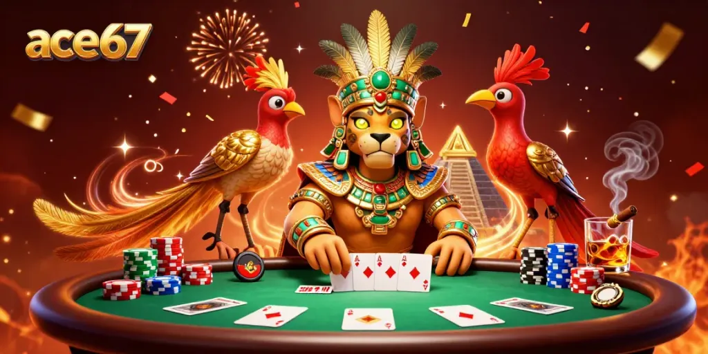 Ace67 poker-themed illustration with a Mayan priest, vibrant colors, and dynamic gaming elements.