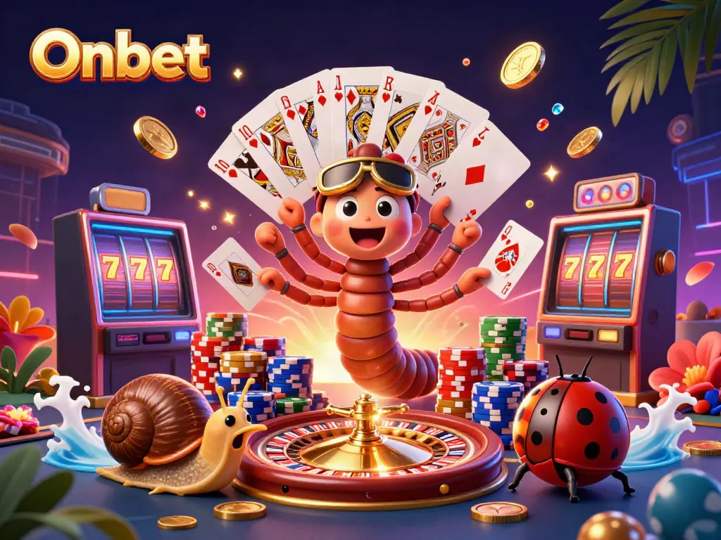 Engage in thrilling gaming at Onbet with cartoon dealer, high-roller snail, and vibrant casino elements.
