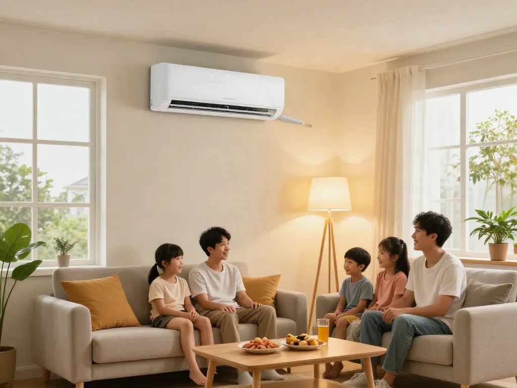 Family enjoying movie night with a mini split AC unit in a cozy living room.