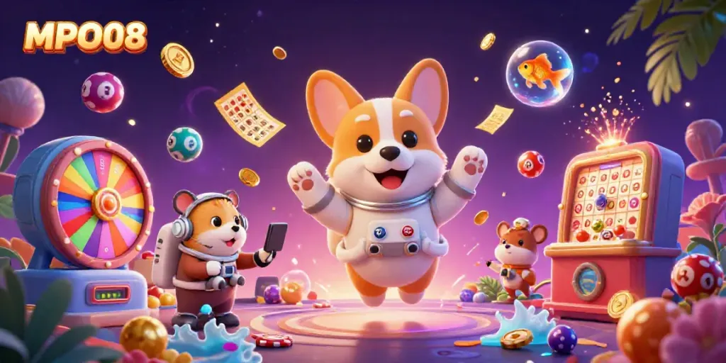 Experience the fun of MPO08 with a playful space scene of floating characters and gaming elements.