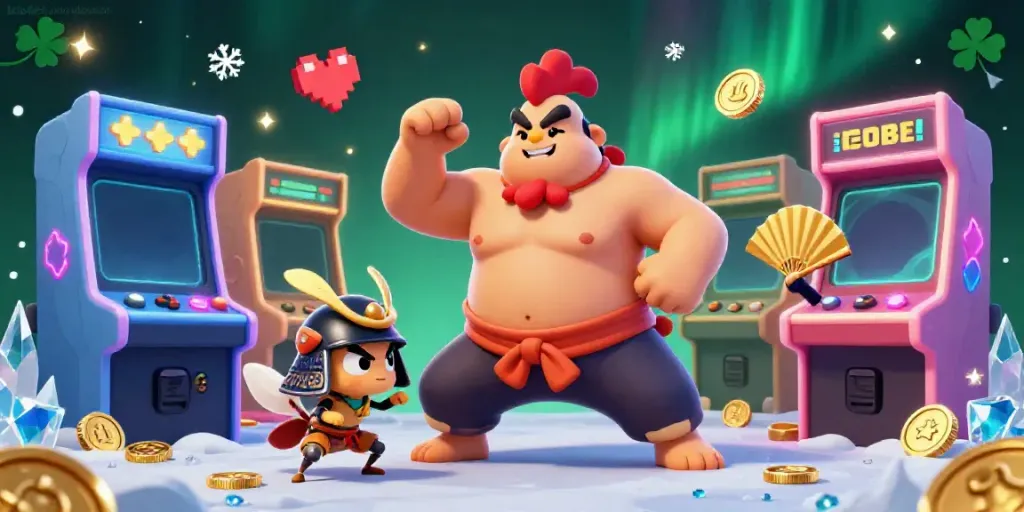 Experience the excitement of brio4d link alternatif with a dynamic casino scene featuring cute characters and gaming elements.