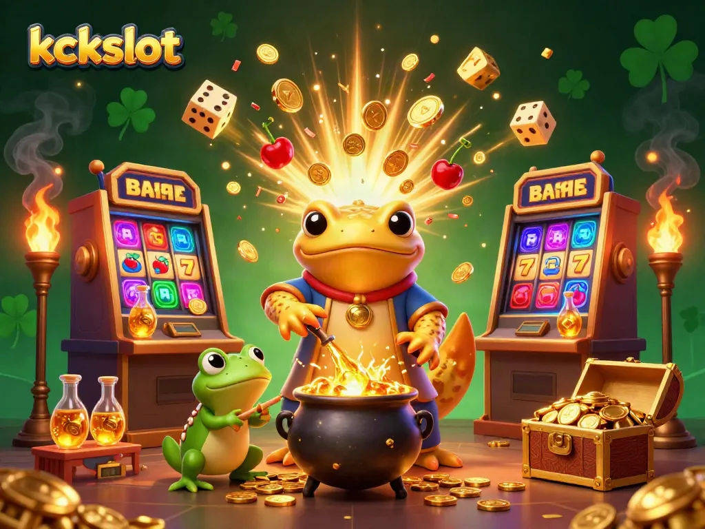 Permainan kckslot yang menampilkan alkemis kadal emas dengan slot mesin berlimpah koin emas yang meledak.