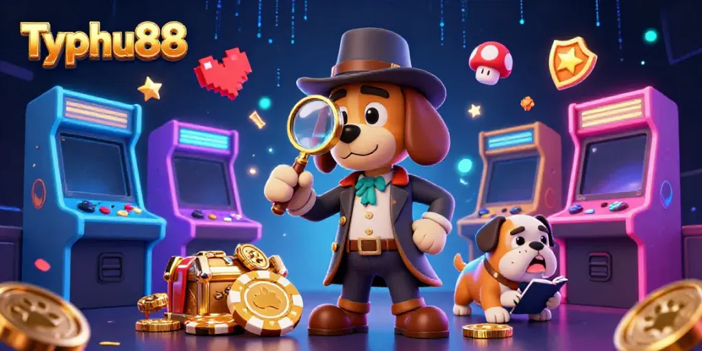 Typhu88's detective investigating a golden poker chip in a vibrant casino scene.