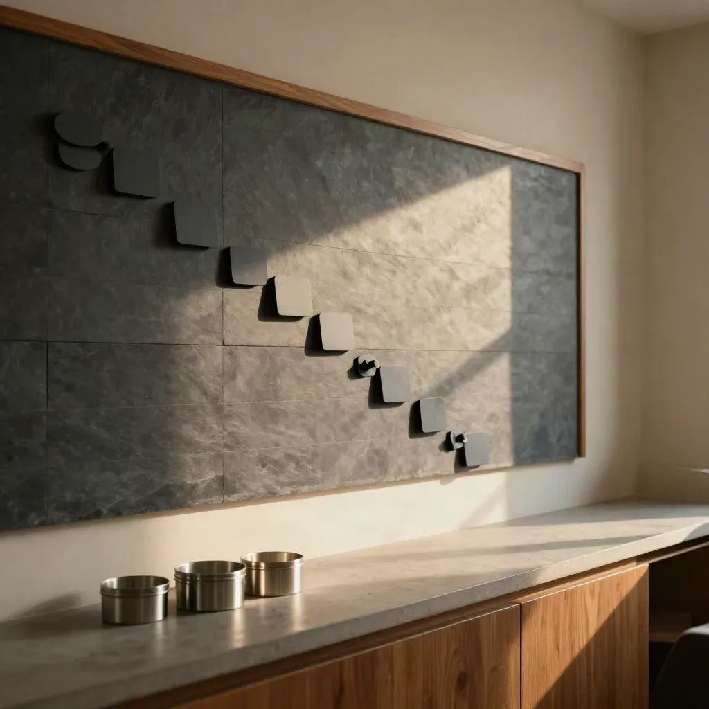 Slate magnetic planning tiles and containers on a concrete ledge in dramatic side light.