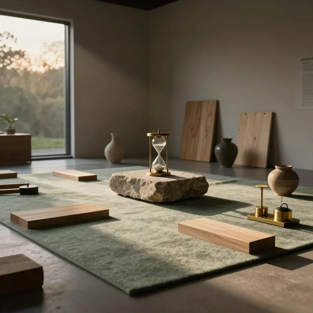 Cinematic workshop materials on a stone plinth in a rain-cleared studio at dusk.
