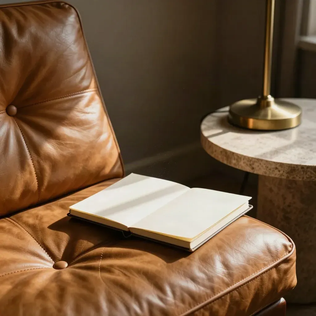 Close macro of a tan leather chair, brass lamp and stone side table in a quiet coaching nook.