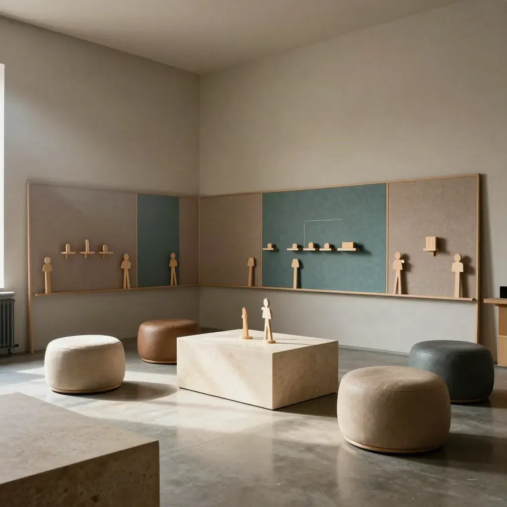 Teal felt workshop boards, wooden markers, stone plinth, and stools in a hazy room.