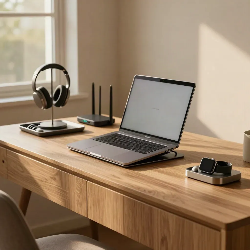 Remote-work desk setup with shut laptop, headset stand, router, cable tray and charging dock in warm window light.