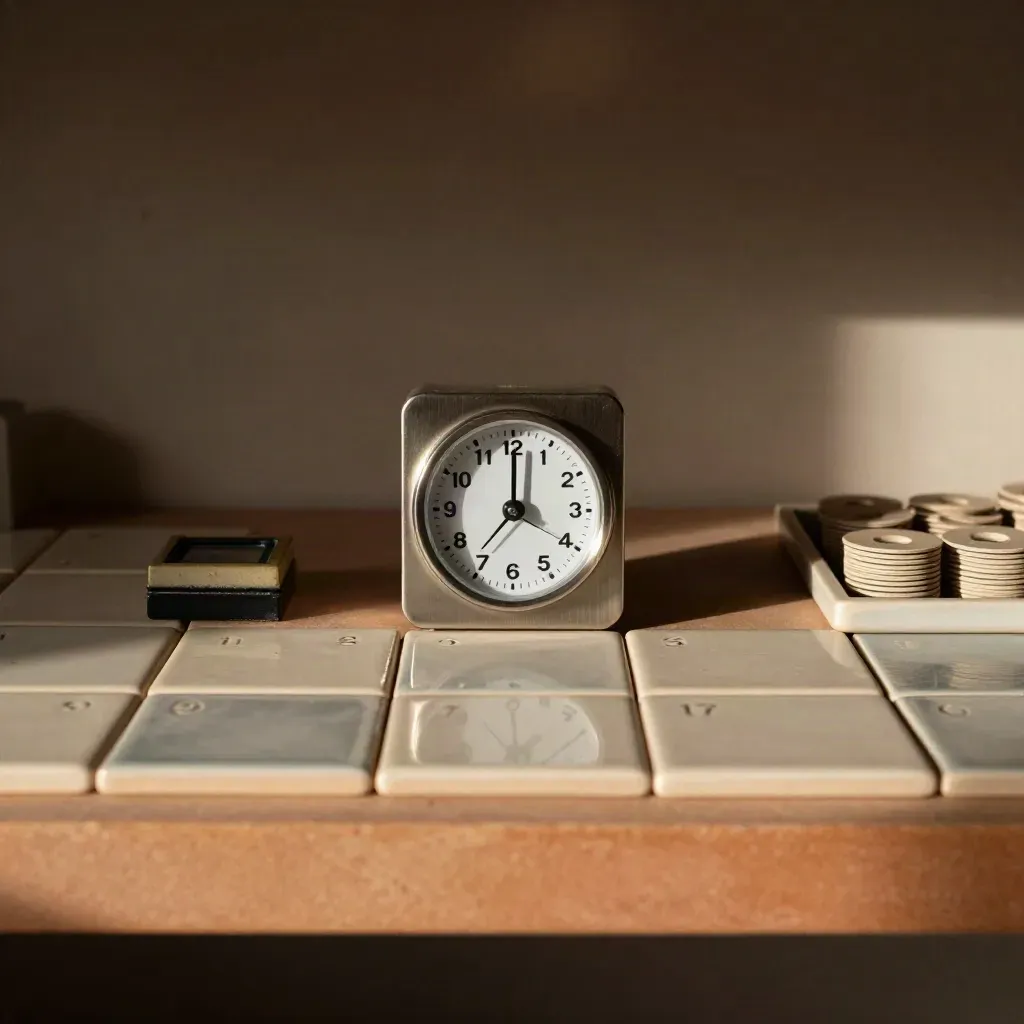 Performance system shelf with tiles, timer, stamp block, and review tokens on a terracotta ledge.