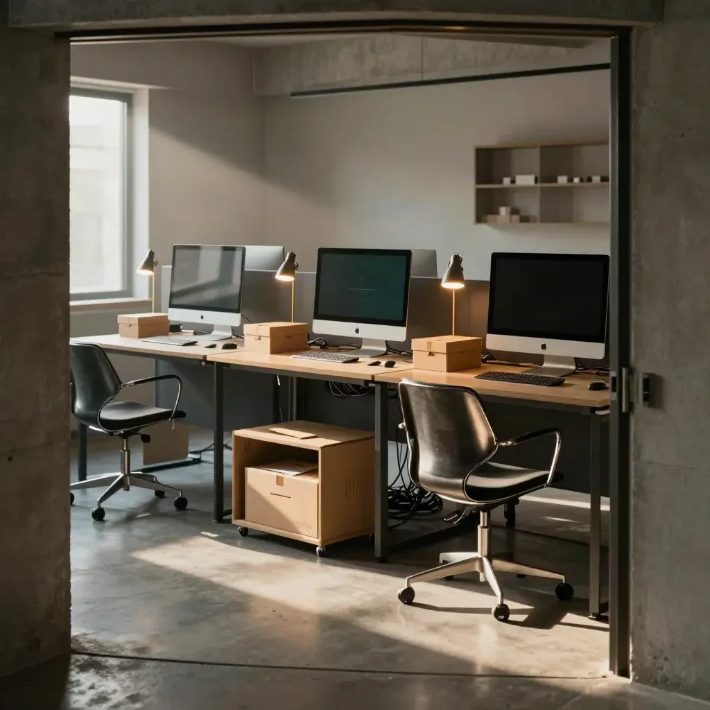 Three ready startup onboarding stations in a hazy office, lit by low sun and desk lamps.