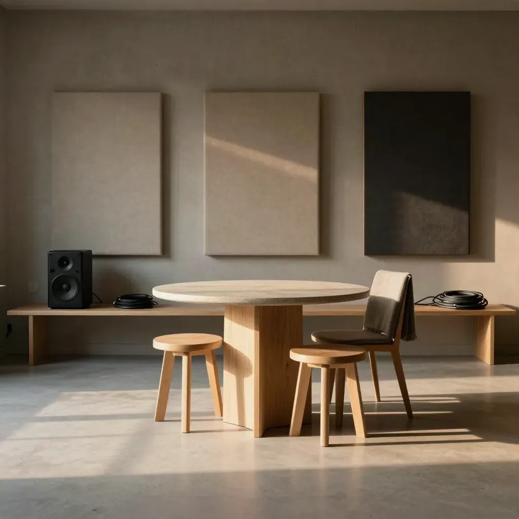 Quiet remote studio with round table, nested stools, acoustic panels and a speaker hub in warm daylight.
