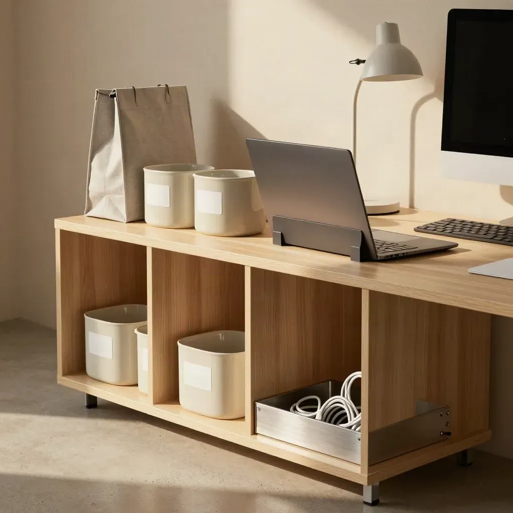 Onboarding shelf with welcome kits, cable trays, and a clean workstation in soft daylight.