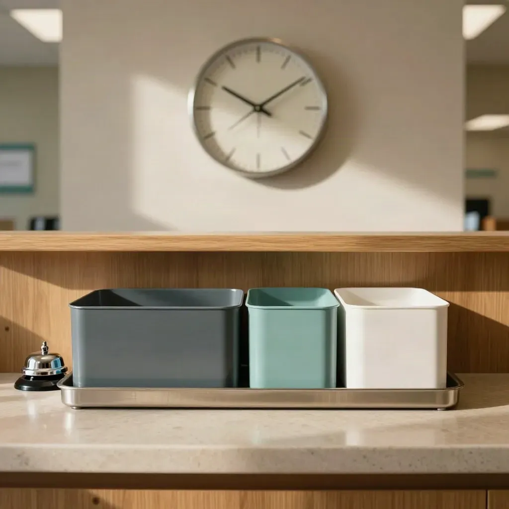 Clinic review station with tray bins, desk bell, clock, and supply caddies in warm light.