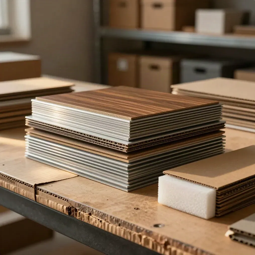 Macro of fixture samples, boxed display parts, and packing crates in a hazy retail backroom.
