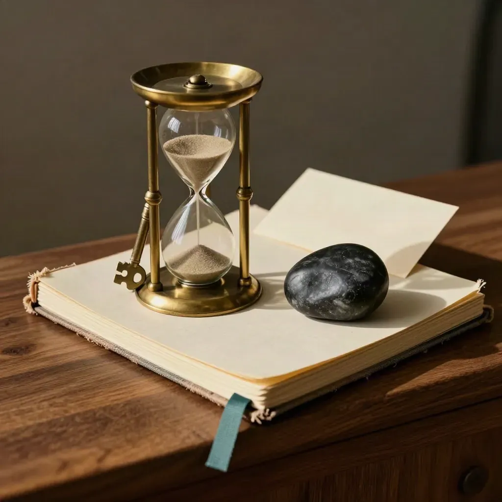 Worn coaching notebook, brass hourglass, and worry stone on walnut ledge in dramatic studio light