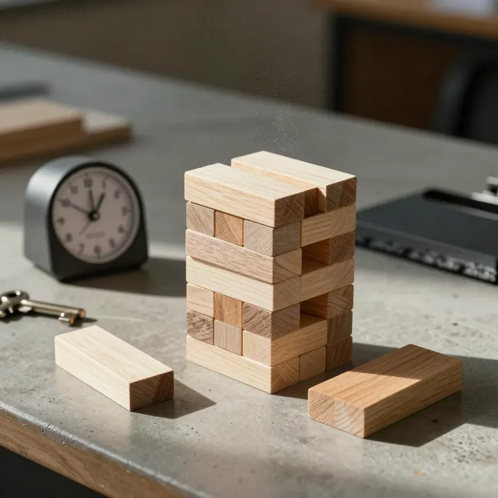 Wooden strategy blocks, timer, and clip tray on concrete in raking light.