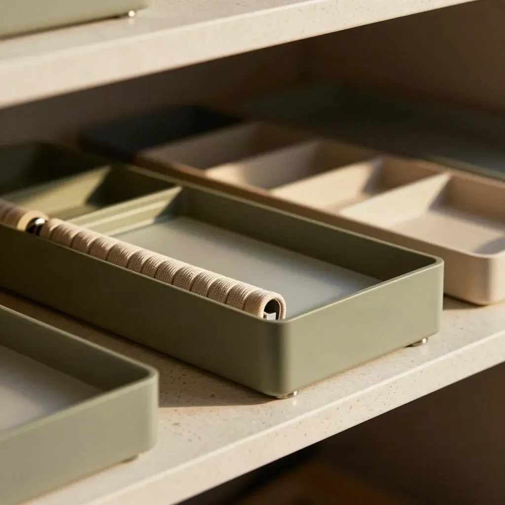 Macro of modular desk trays, cable wraps and bin dividers on a pale stone shelf