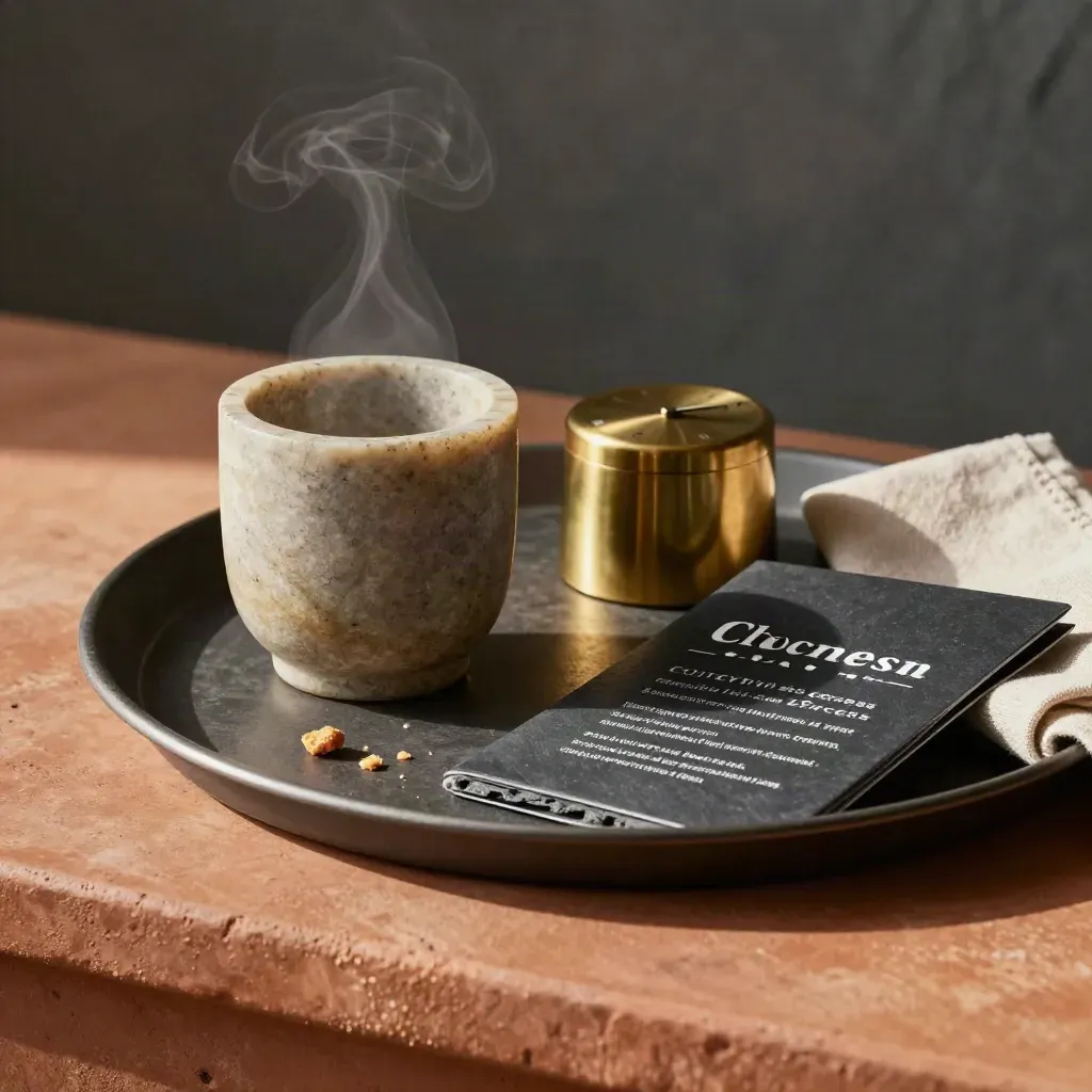 Hospitality tray with stone cup, brass timer and folded linen sleeve on a terracotta ledge.