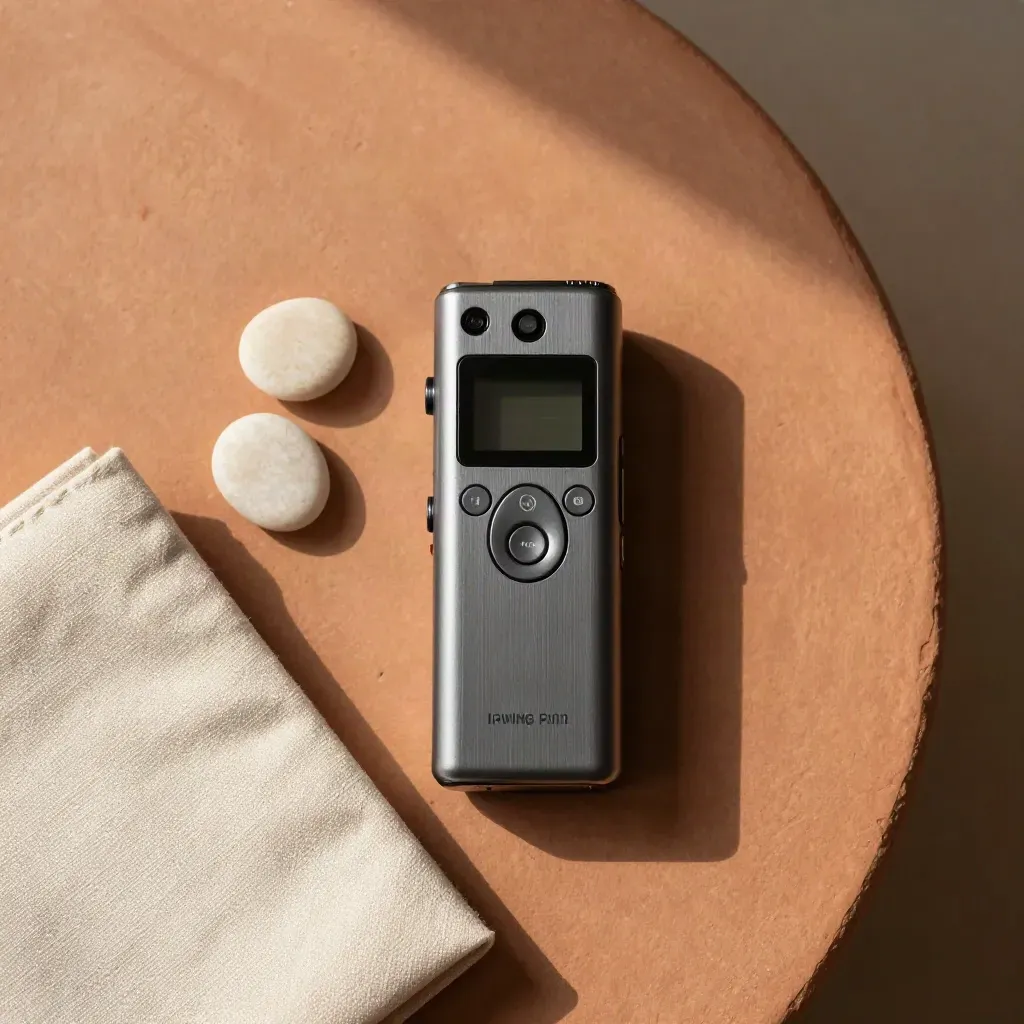 Overhead flatlay of audio recorder, listening pebbles and linen sleeve on terracotta stone.