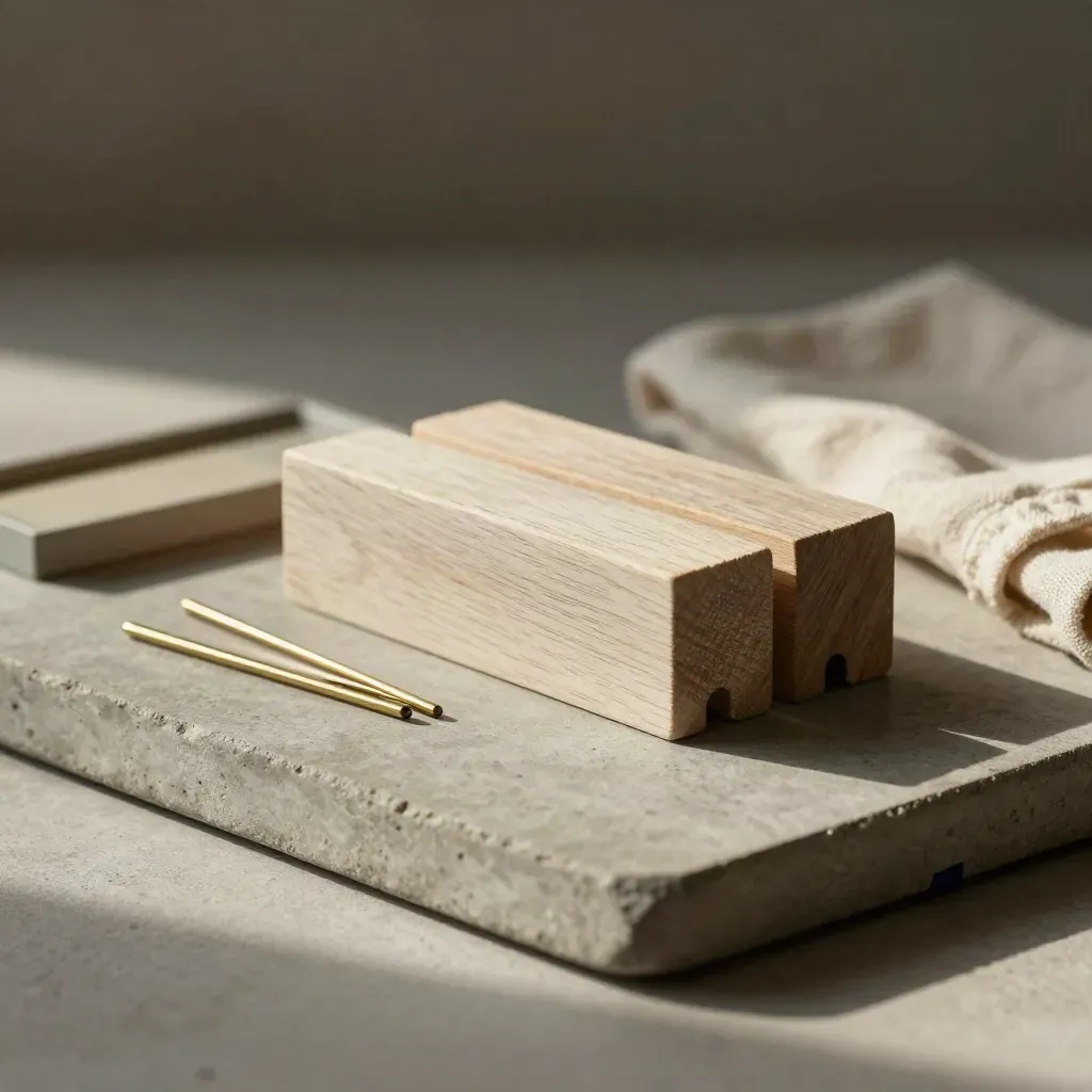Wooden date blocks, brass pins, and a stone plan tray on concrete with linen