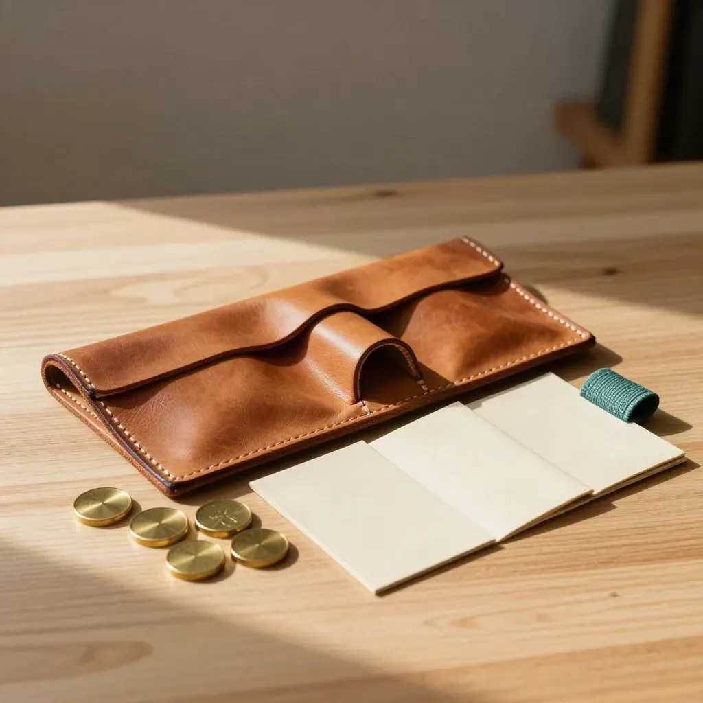 Leather tool roll, template sleeves, and brass workshop tokens on pale wood in soft side light.