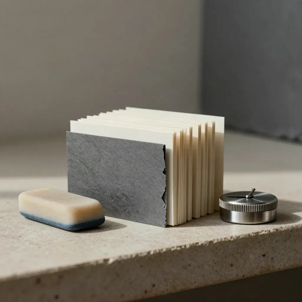 Revision tabs, eraser, and metal adjustment dial on stone shelf in soft side light.