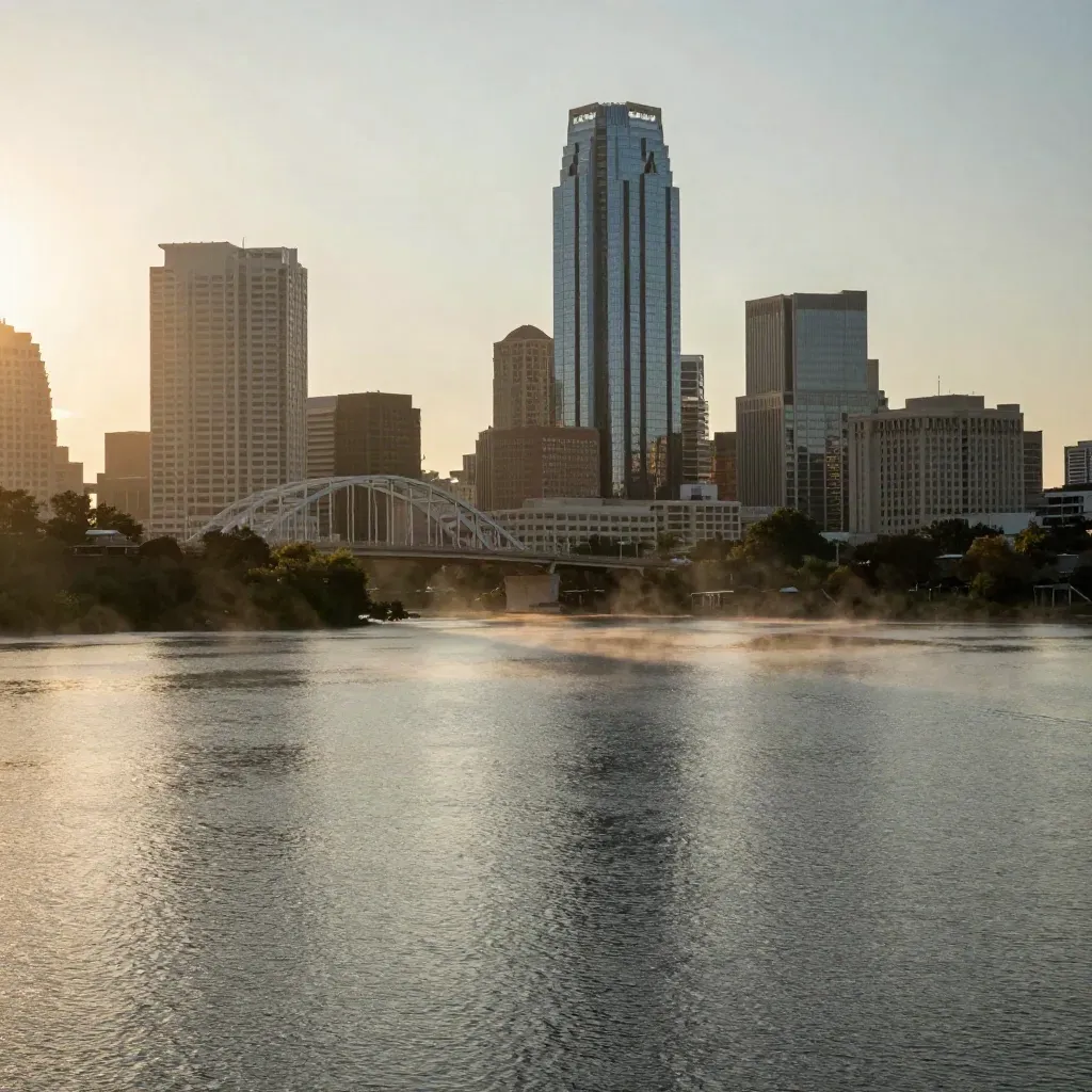 Austin skyline at sunrise over Lady Bird Lake, mist lifting above calm water
