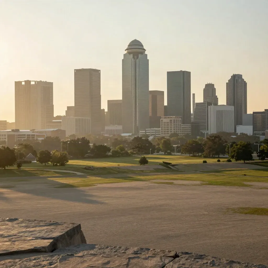 Dallas skyline with Reunion Tower above a hazy greenbelt and open river overlook.