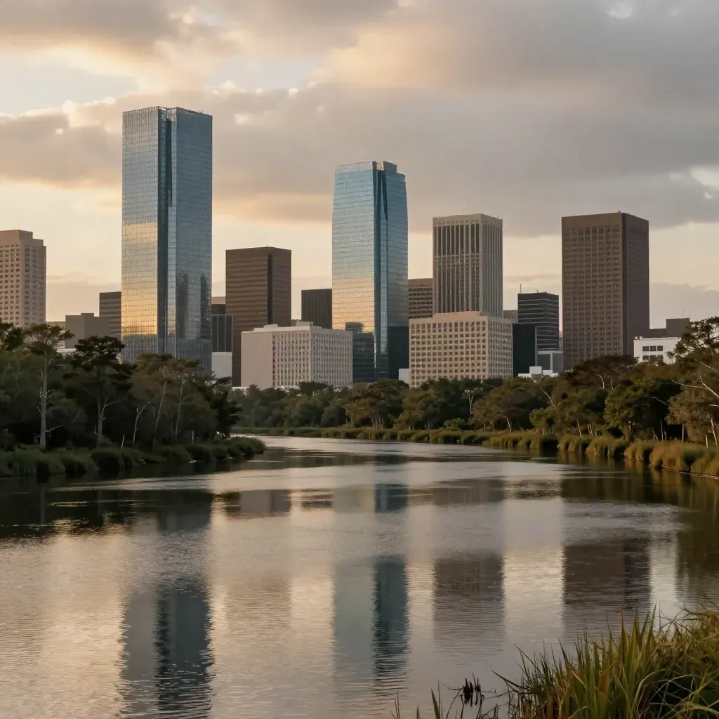 Houston skyline over bayou water with cypress edges and humid evening haze