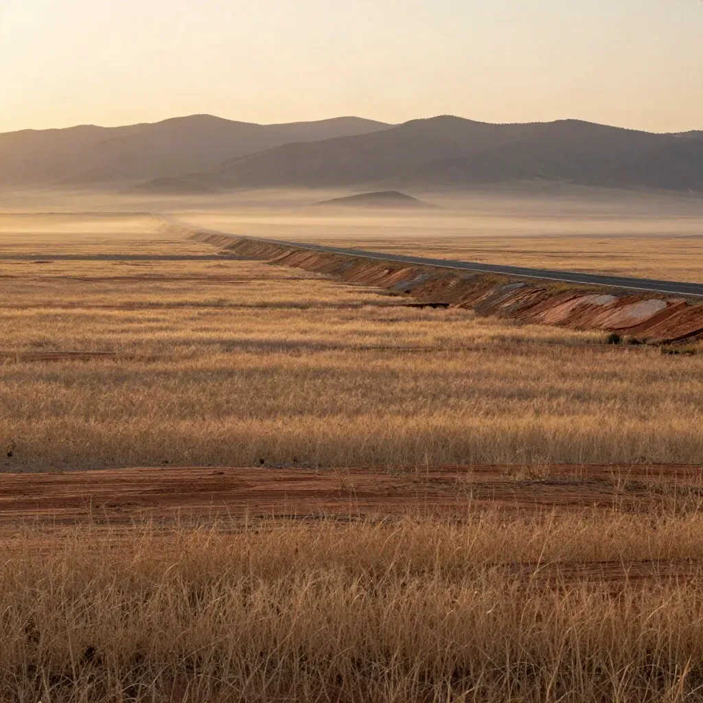 Golden prairie highway fading into haze with low mountains at dawn