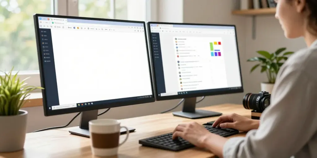 Cozy home office with a user browsing 다양한 링크모음 on a computer screen.