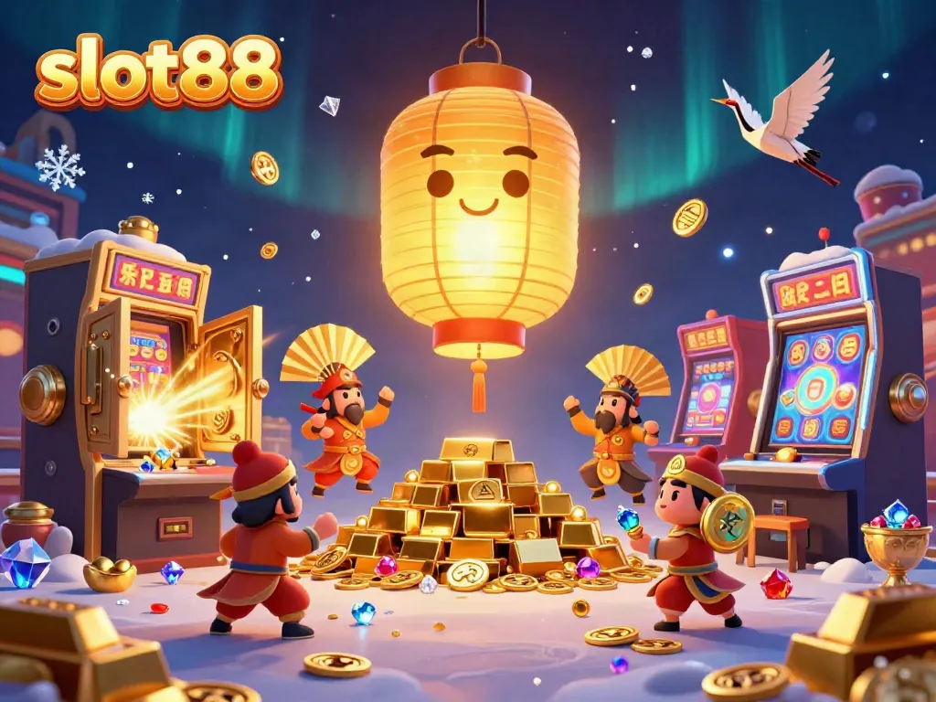 Engage with slot88's vibrant casino scene showcasing a glowing lantern spirit amidst piles of gold and jewels.