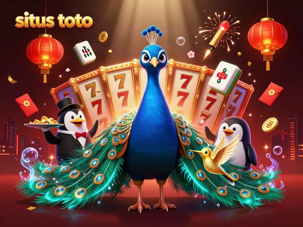 Engage in situs toto action with a vibrant casino scene featuring a majestic peacock and golden penguin.