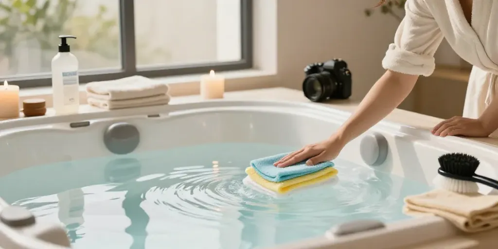 Spa Cleaning & Wash Replacement in a serene home setting, featuring a person cleaning a hot tub with fresh towels and eco-friendly supplies.