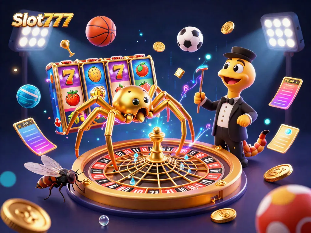 Engage with Slot777's thrilling slot gaming experience in a dynamic casino-themed illustration.