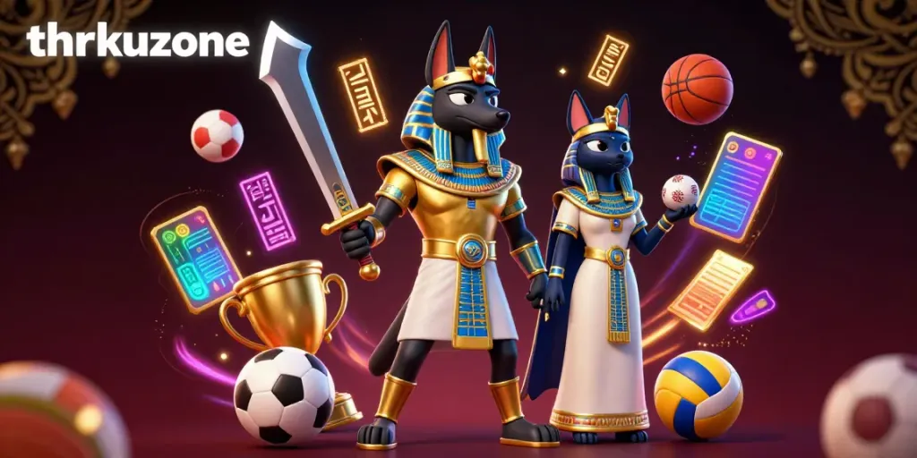 Experience thrilling gaming at thrkuzone with Anubis and Bastet amidst dynamic sports elements.