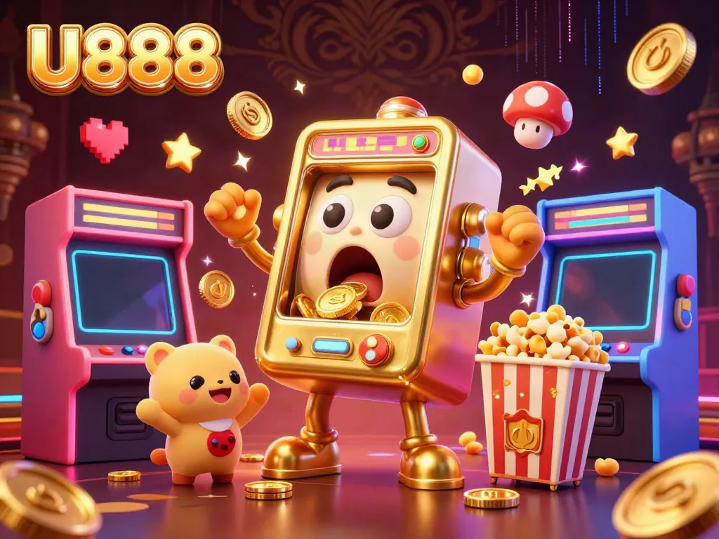 U888 slot machine celebrating a jackpot moment with golden coins pouring out, surrounded by cheering baby slot machines and game elements.