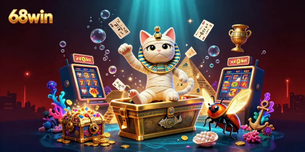 Experience the thrill of 68win with a vibrant casino scene featuring a cartoon mummy and glowing symbols.