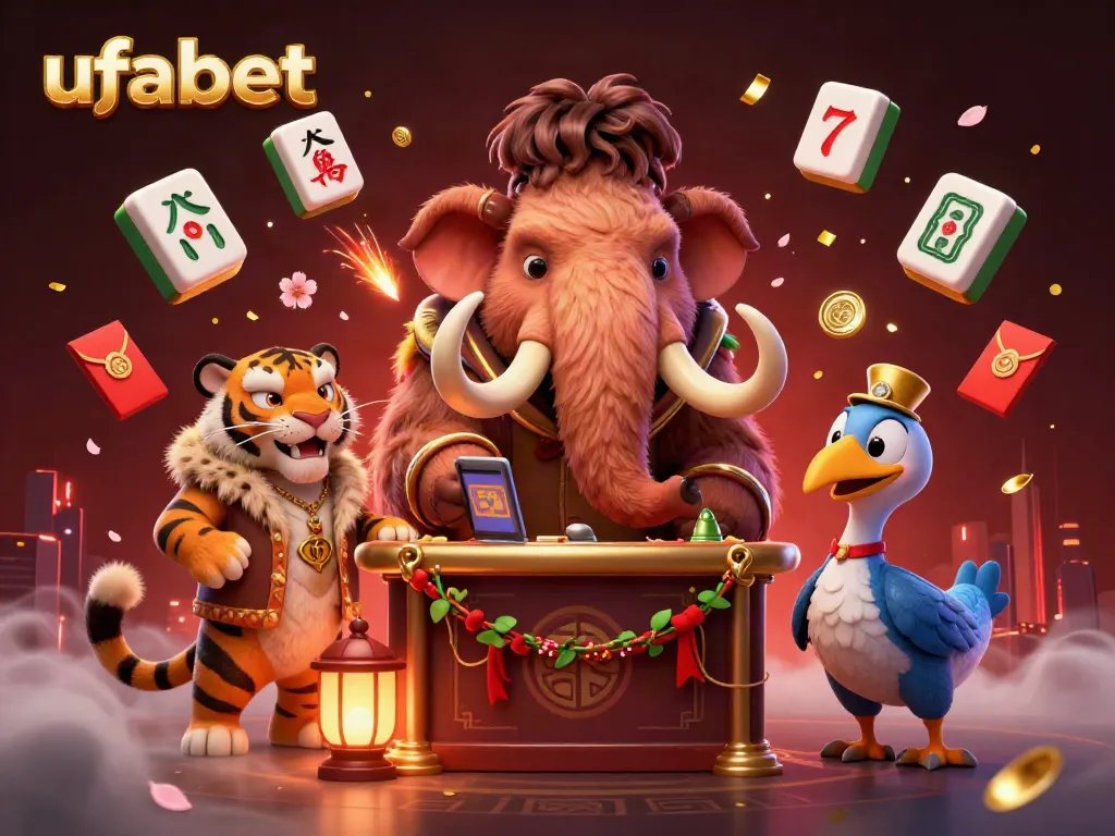 ภาพการ์ตูน 3 มิติของ ufabet ที่มีแมมมอธยืนอยู่หน้าคาสิโน และแขกวีไอพีรวมถึงนกโดโด