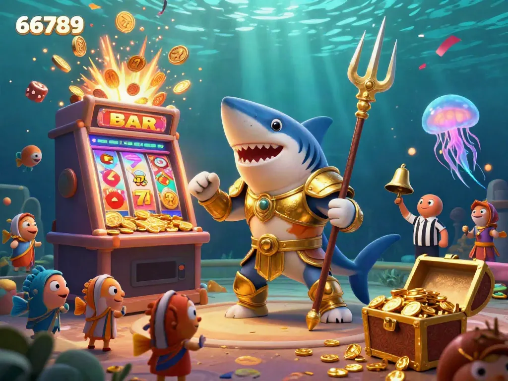 Experience the thrill of 66789's underwater casino environment featuring a shark gladiator and jackpot slot machine.