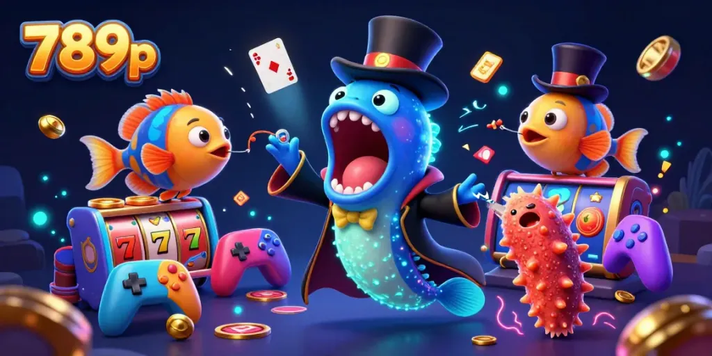 Experience thrilling jackpots with 789p's vibrant 3D casino-themed illustration featuring whimsical sea creatures.