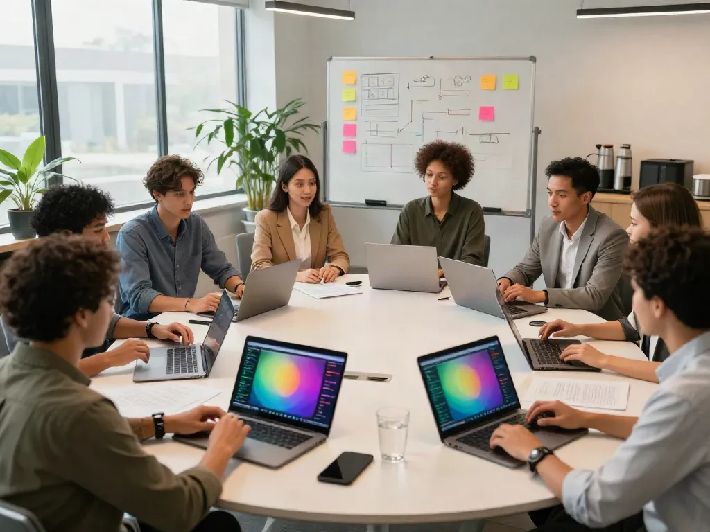 Collaboration scene showing diverse team discussing resources in a bright office space.