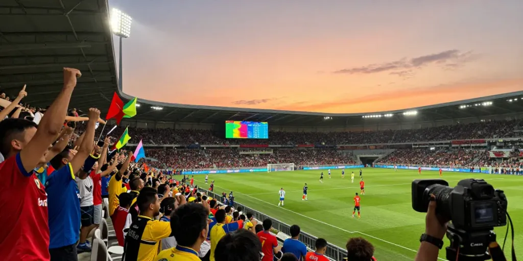 Exciting football match scene with fans cheering and players competing in a dynamic atmosphere, showcasing the thrill of ผลบอลสด.