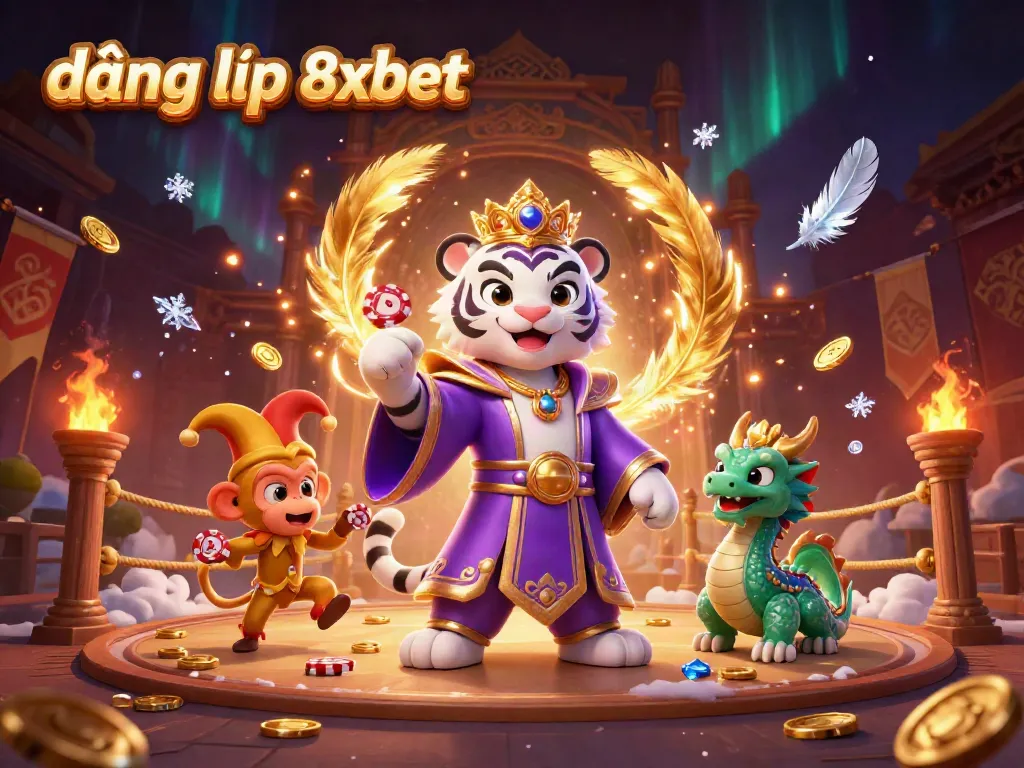 Experience the excitement of đăng nhập 8xbet with playful characters in a dynamic casino scene.