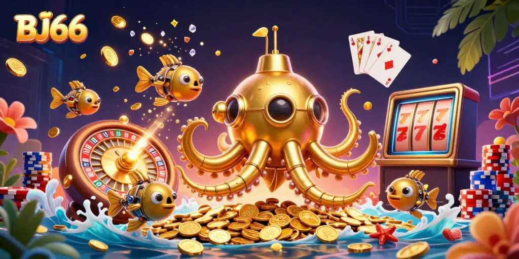 Experience thrilling gaming with BJ66 in a dynamic sea of coins and vibrant casino elements.