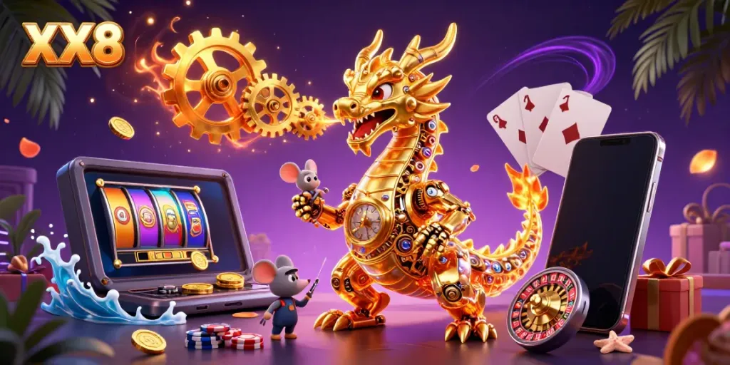Experience thrilling gaming with XX8's spectacular 3D illustration of a golden dragon amidst casino elements.