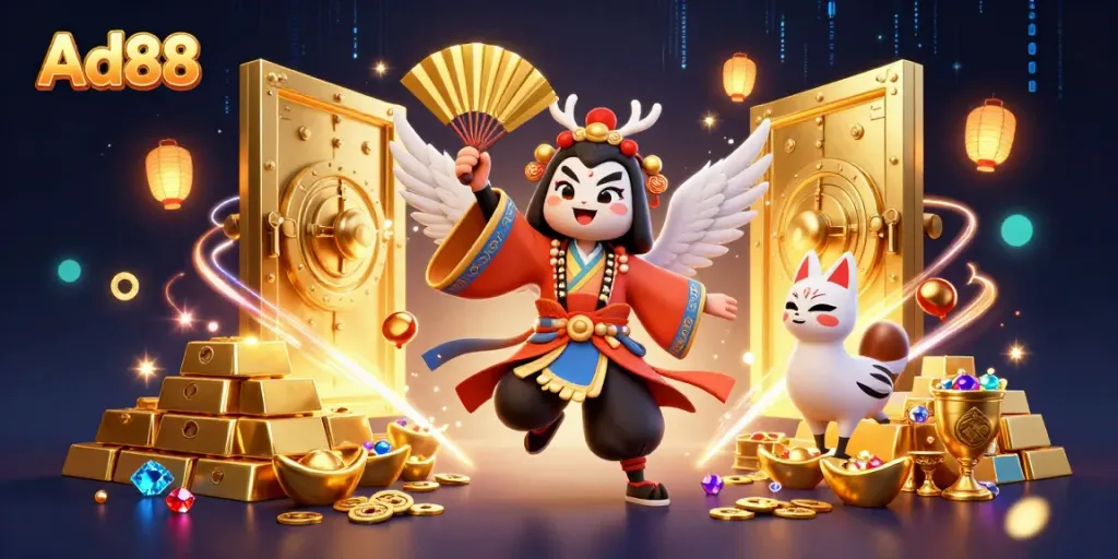 Experience the excitement of Ad88 with a dynamic 3D casino scene featuring vibrant characters and treasures.