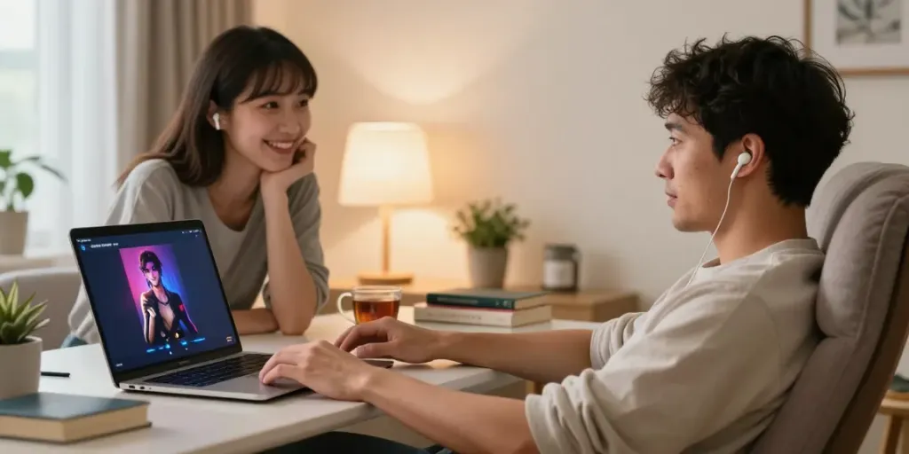 Engaging scene of a couple in AI sex chat on a modern laptop in a cozy home office.