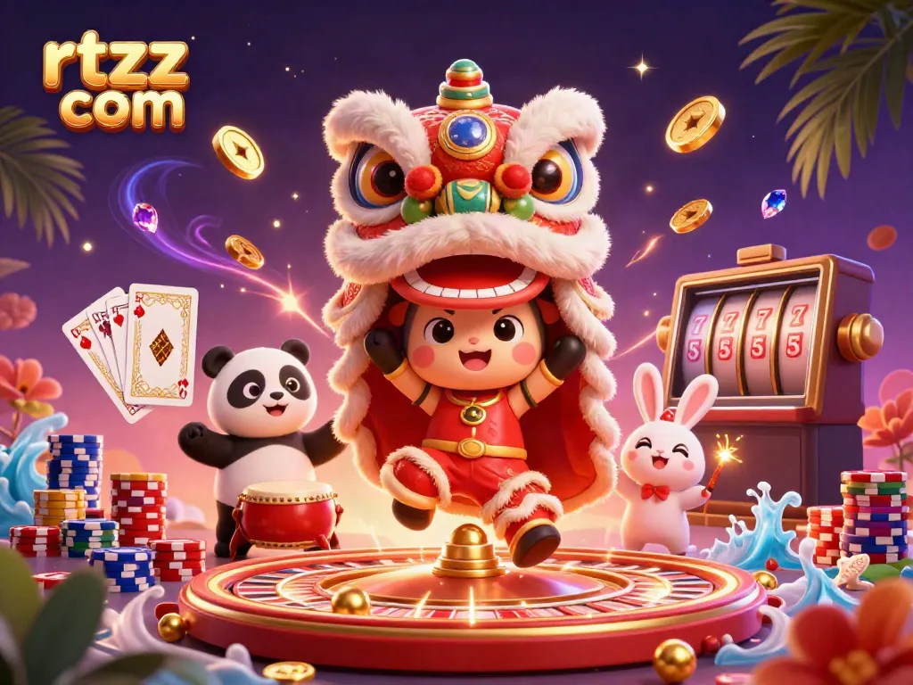 Engage with thrilling games at rtzz com, featuring a festive lion dance with vibrant casino elements.